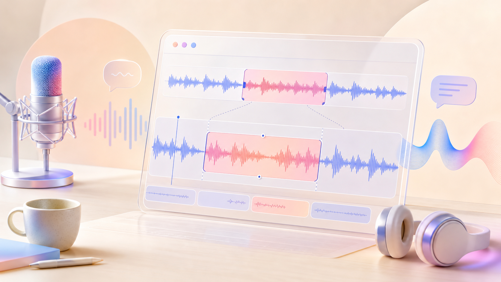 Pastel AI voice editing workspace with waveform replacement segment